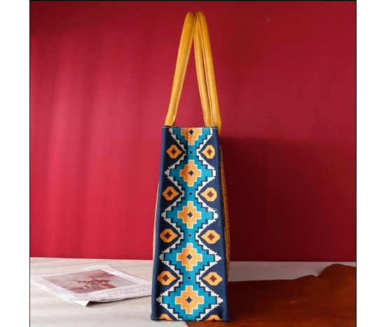 TB Dual Sided Square Print Canvas Wide Tote - Blue & Yellow