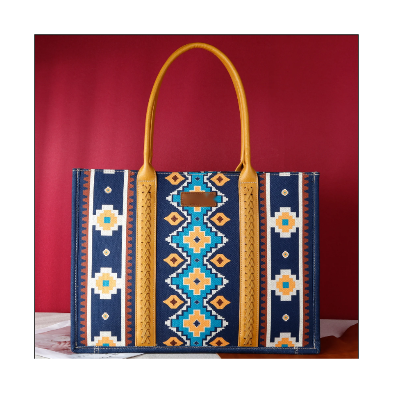 TB Dual Sided Square Print Canvas Wide Tote - Blue & Yellow