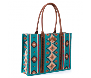 TB Dual Sided Square Print Canvas Wide Tote -Turquoise