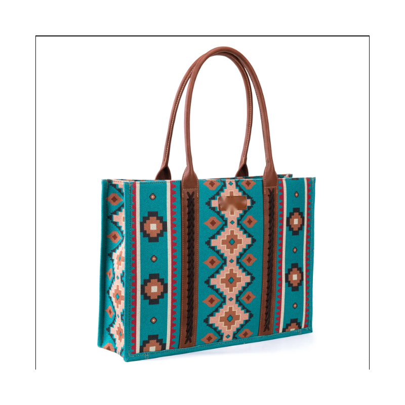 TB Dual Sided Square Print Canvas Wide Tote -Turquoise