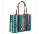TB Dual Sided Square Print Canvas Wide Tote -Turquoise