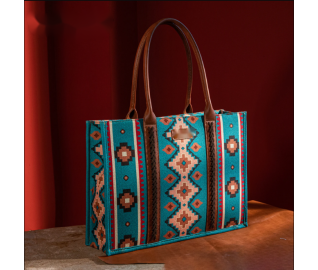 TB Dual Sided Square Print Canvas Wide Tote -Turquoise