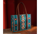 TB Dual Sided Square Print Canvas Wide Tote -Turquoise