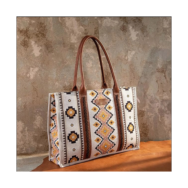 TB Dual Sided Square Print Canvas Wide Tote - Beige