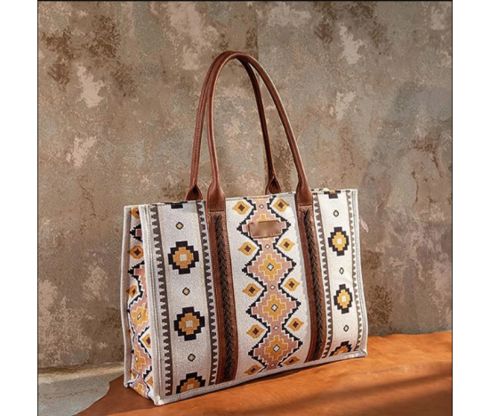 TB Dual Sided Square Print Canvas Wide Tote - Beige