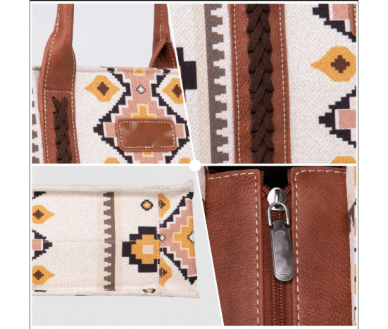 TB Dual Sided Square Print Canvas Wide Tote - Beige