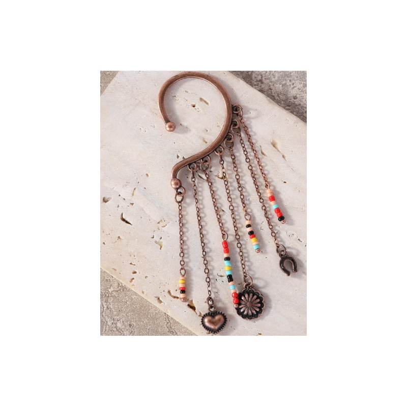 TB's Rustic Beaded Long Dangle Chain Beaded Ear Cuff - Brown