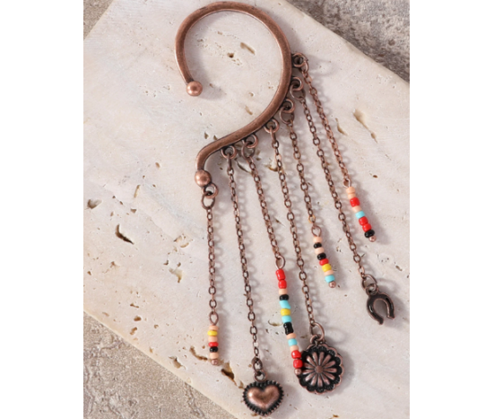 TB's Rustic Beaded Long Dangle Chain Beaded Ear Cuff - Brown