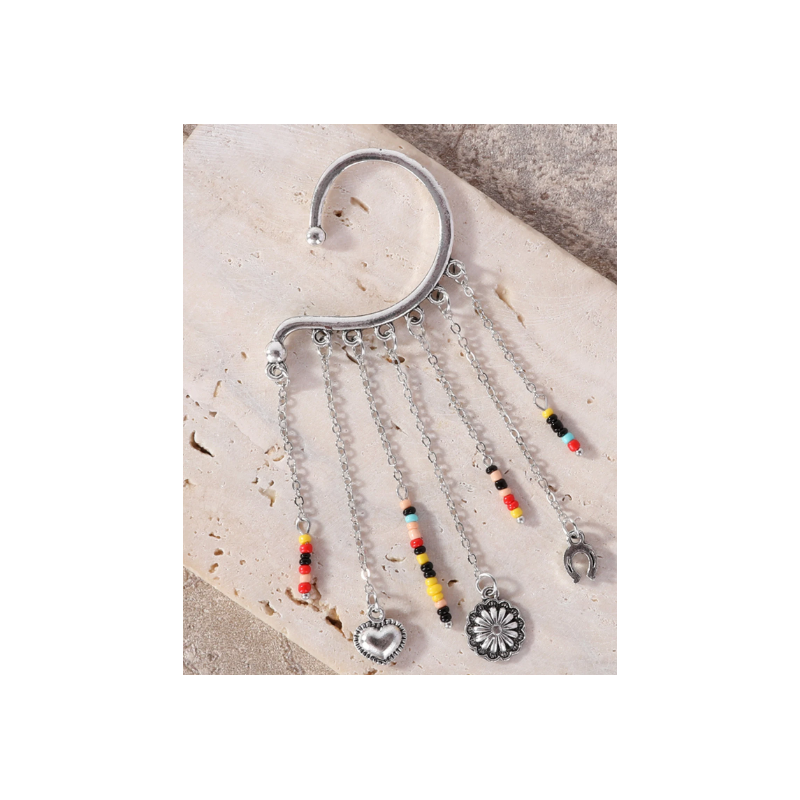 TB's Rustic Beaded Long Dangle Chain Beaded Ear Cuff - Silver