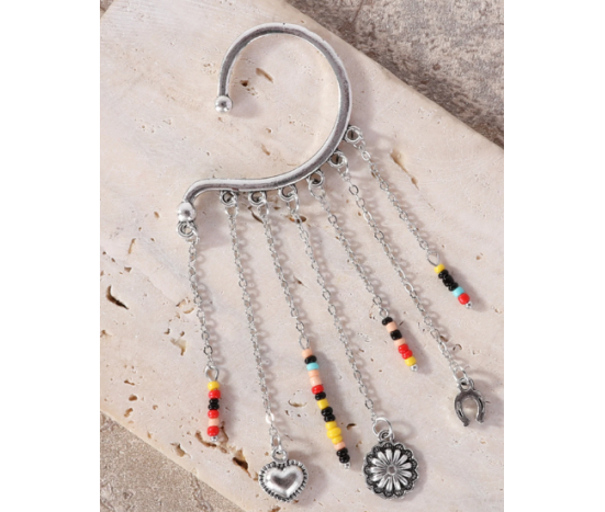 TB's Rustic Beaded Long Dangle Chain Beaded Ear Cuff - Silver