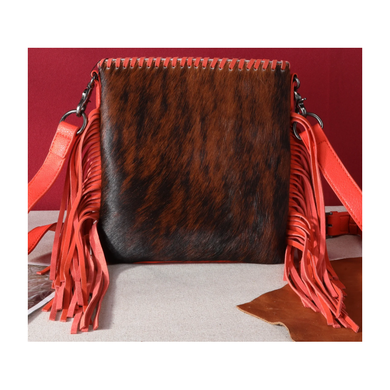 TW Collection Hair-On Cowhide Fringe Concealed Carry Crossbody Bag Tangerine