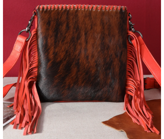 TW Collection Hair-On Cowhide Fringe Concealed Carry Crossbody Bag Tangerine