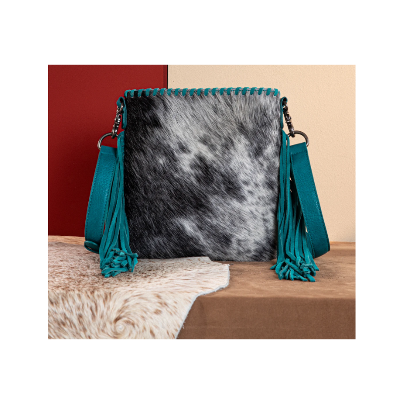 TW Collection Hair-On Cowhide Fringe Concealed Carry Crossbody Bag Turquoise