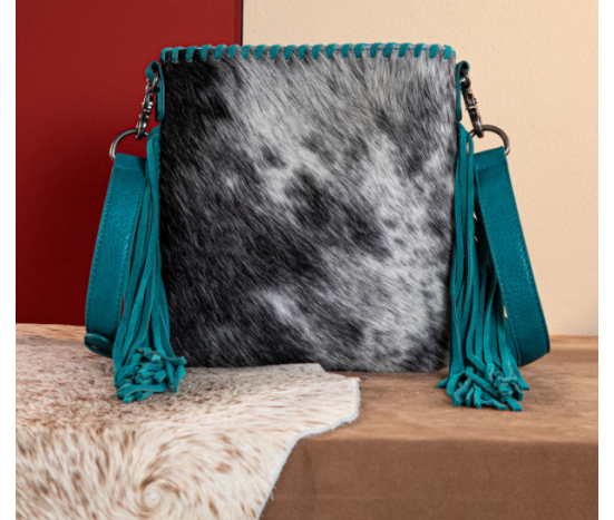 TW Collection Hair-On Cowhide Fringe Concealed Carry Crossbody Bag Turquoise