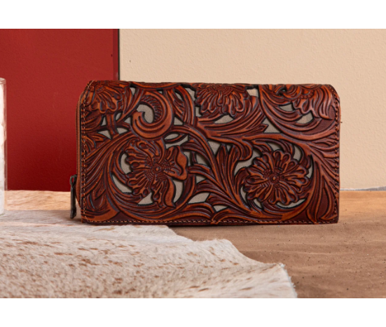 TW Collection Floral Tooled Collection Wallet Brown