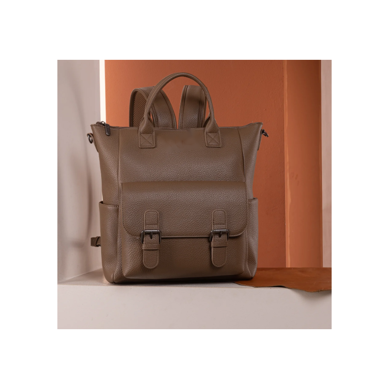 Cow Print Tote/Shoulder Bag Convertible Backpack - Khaki