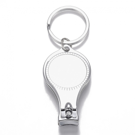 Iron Nail Clippers and Bottle Opener, with Flat Round Cabochon Settings, Iron Split Key Rings