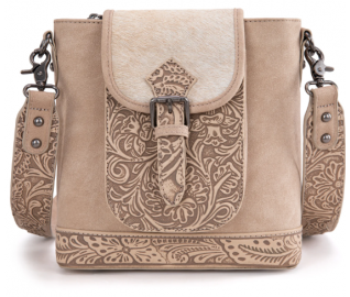 TW Collection Genuine Hair-On Cowhide Tooled Concealed Carry Crossbody Bag - Camel Tan