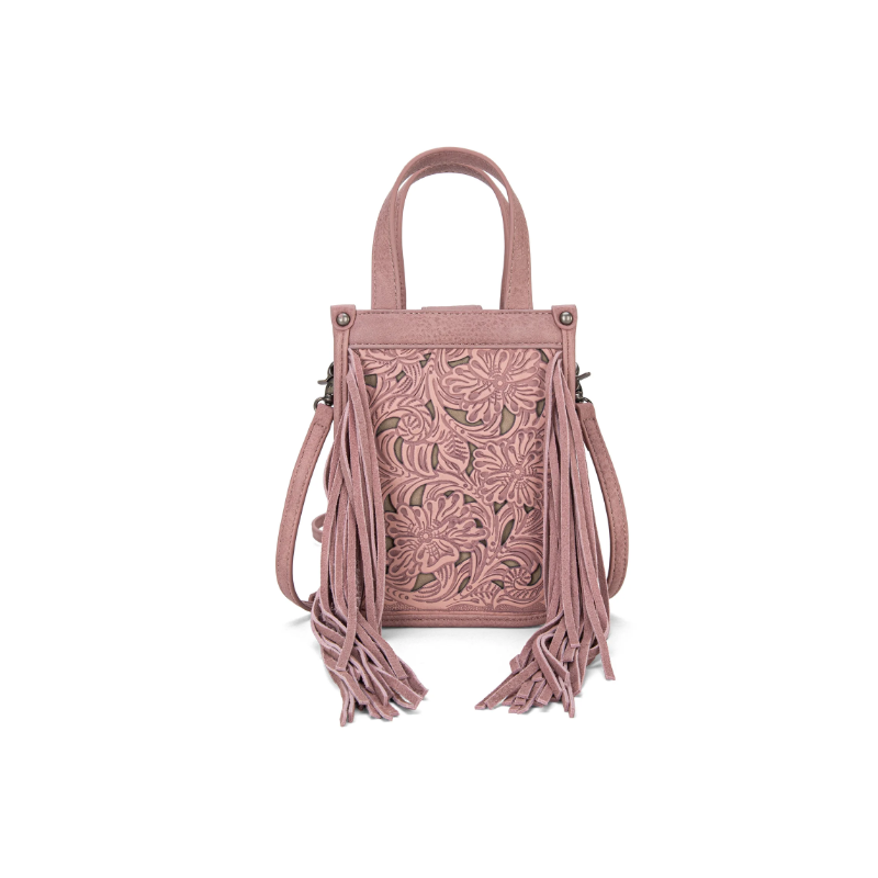 FTW Collection - loral Tooled Fringe Mini Tote - Rosy