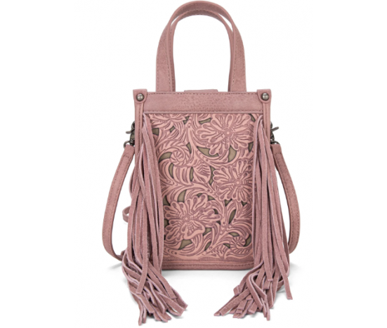 FTW Collection - loral Tooled Fringe Mini Tote - Rosy