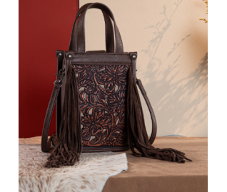 FTW Collection - loral Tooled Fringe Mini Tote - Cedar