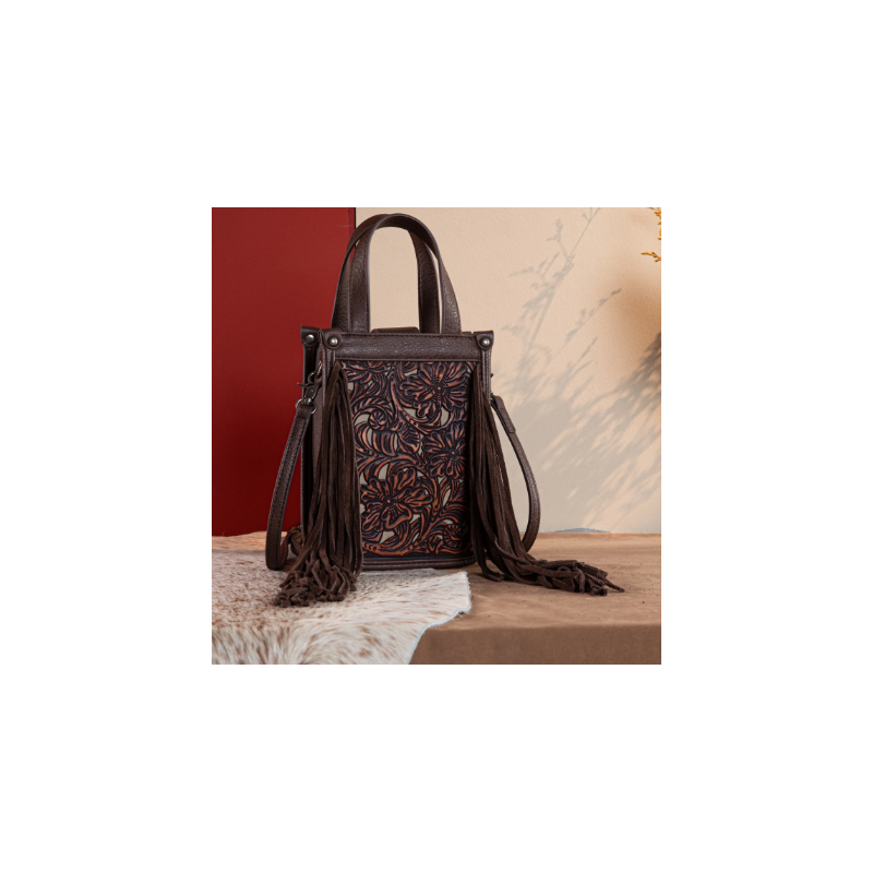 FTW Collection - loral Tooled Fringe Mini Tote - Cedar