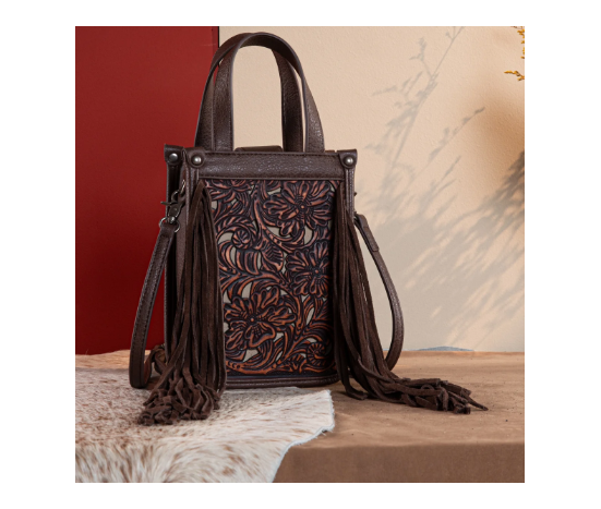 FTW Collection - loral Tooled Fringe Mini Tote - Cedar