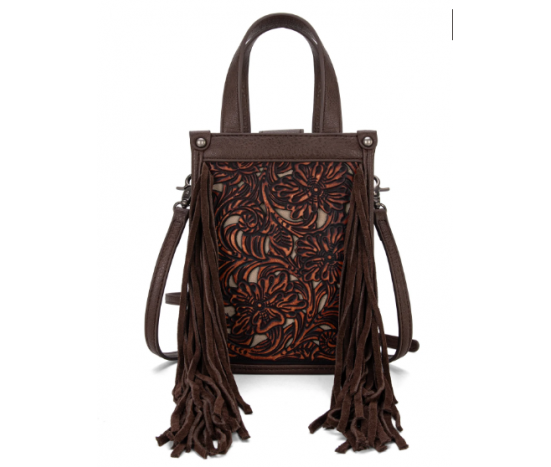 FTW Collection - loral Tooled Fringe Mini Tote - Cedar