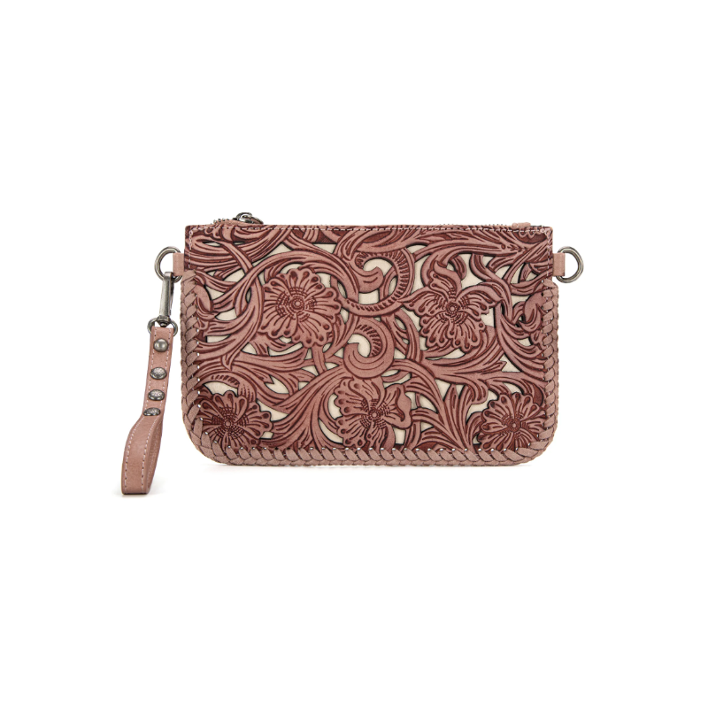 TW Collection - Leather Floral Tooled Collection Clutch - Pink