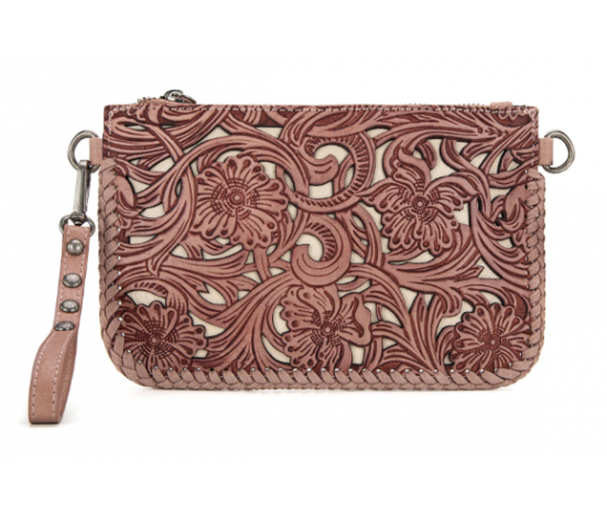 TW Collection - Leather Floral Tooled Collection Clutch - Pink