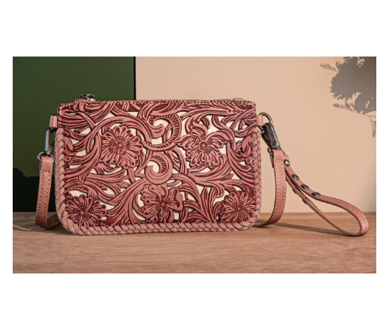 TW Collection - Leather Floral Tooled Collection Clutch - Pink
