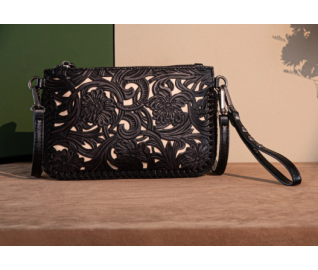 TW Collection - Leather Floral Tooled Collection Clutch - Classic Black