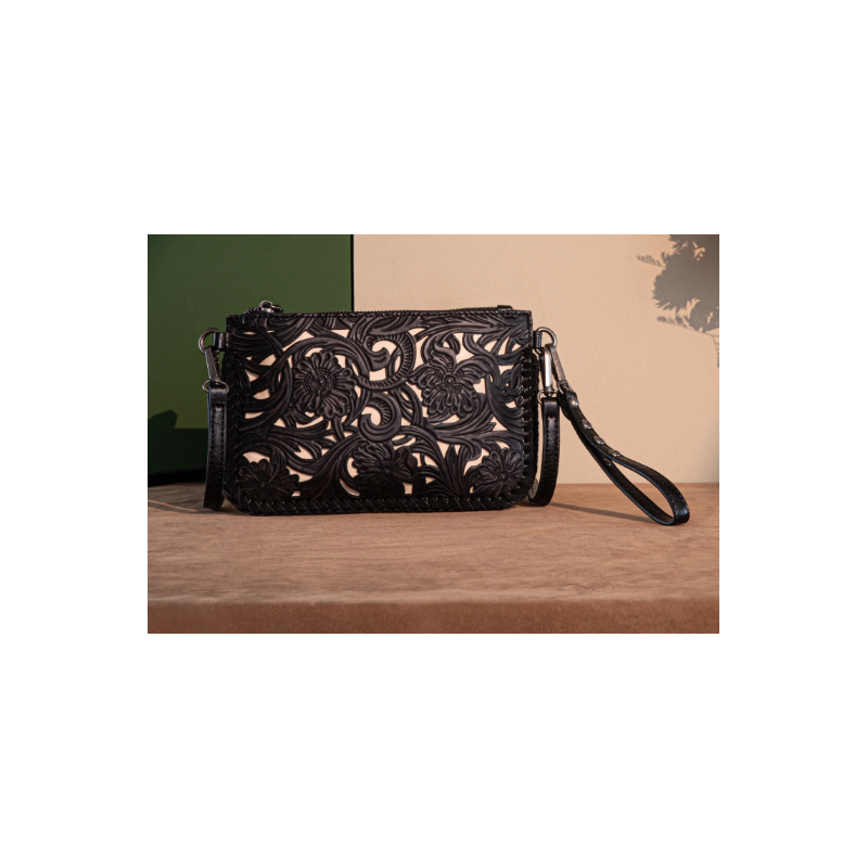 TW Collection - Leather Floral Tooled Collection Clutch - Classic Black