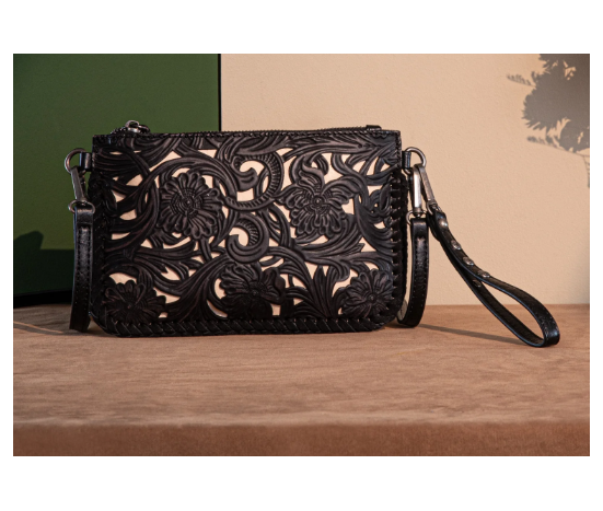 TW Collection - Leather Floral Tooled Collection Clutch - Classic Black