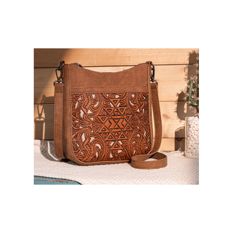 TW Pattern Tooled Collection Crossbody Bag - Coffee