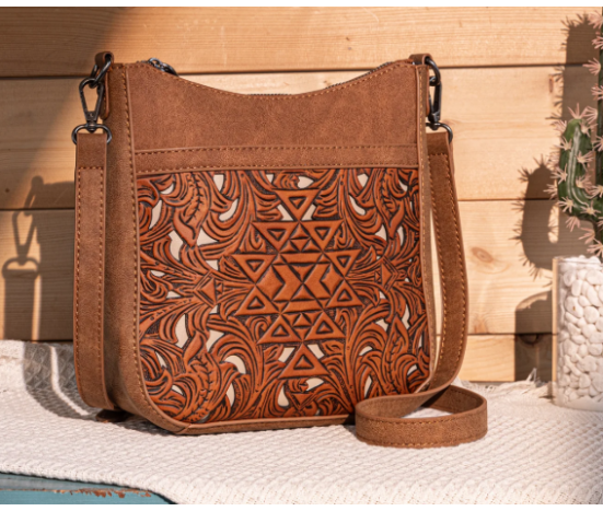 TW Pattern Tooled Collection Crossbody Bag - Coffee