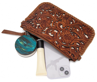 TW Collection - Leather Floral Tooled Collection Clutch - Brown