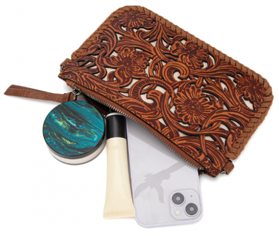 TW Collection - Leather Floral Tooled Collection Clutch - Brown
