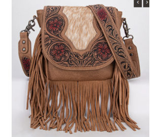 TW Collection Genuine Hair-On Cowhide Tooled Fringe Crossbody Bag -  Brown