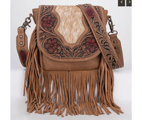 TW Collection Genuine Hair-On Cowhide Tooled Fringe Crossbody Bag -  Brown