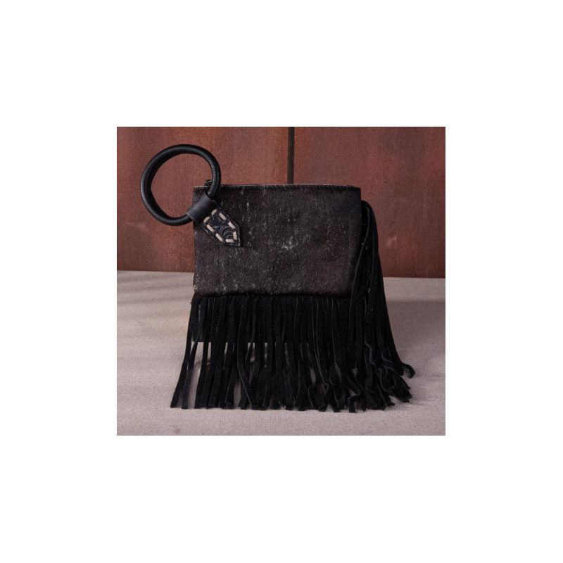 TW Collection Genuine Hair-On Cowhide Ring Handle Bag - Black