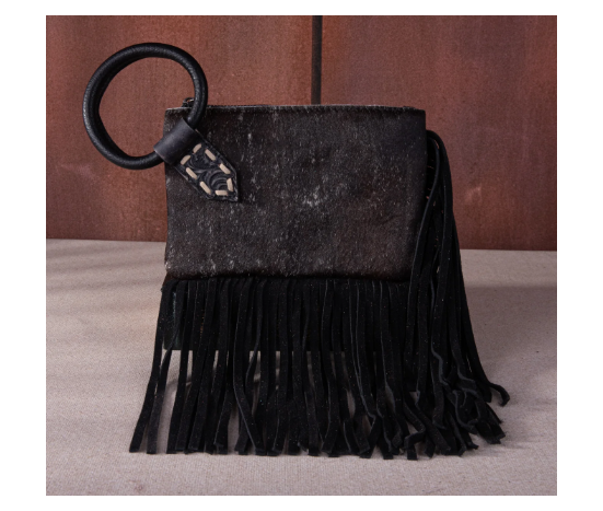 TW Collection Genuine Hair-On Cowhide Ring Handle Bag - Black