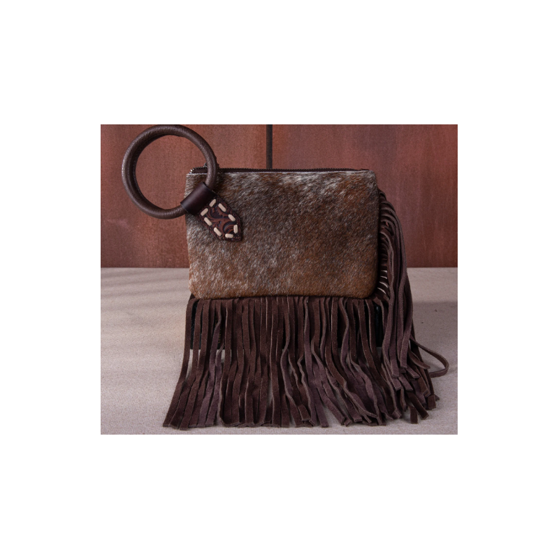 TW Collection Genuine Hair-On Cowhide Ring Handle Bag - Chocolate