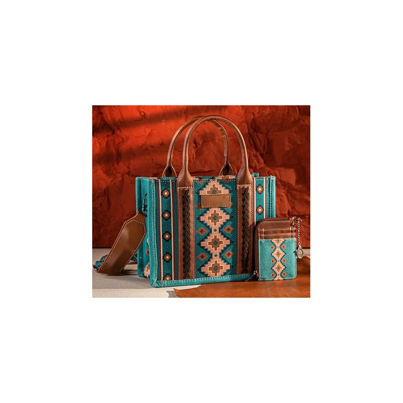 TW CollectionSmall Tote/Crossbody and Card Case Set 2Pc- Burgundy - Turquoise