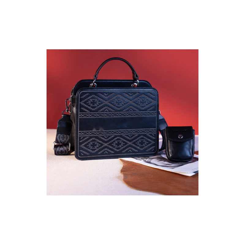 Embroidered  Tote With Mini Pouch - Black