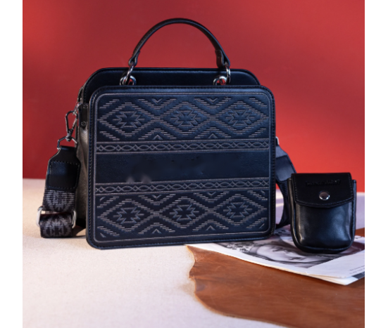 Embroidered  Tote With Mini Pouch - Black