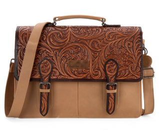 Leather Western Vintage  Fern Tooled Briefcase - Fall Tan