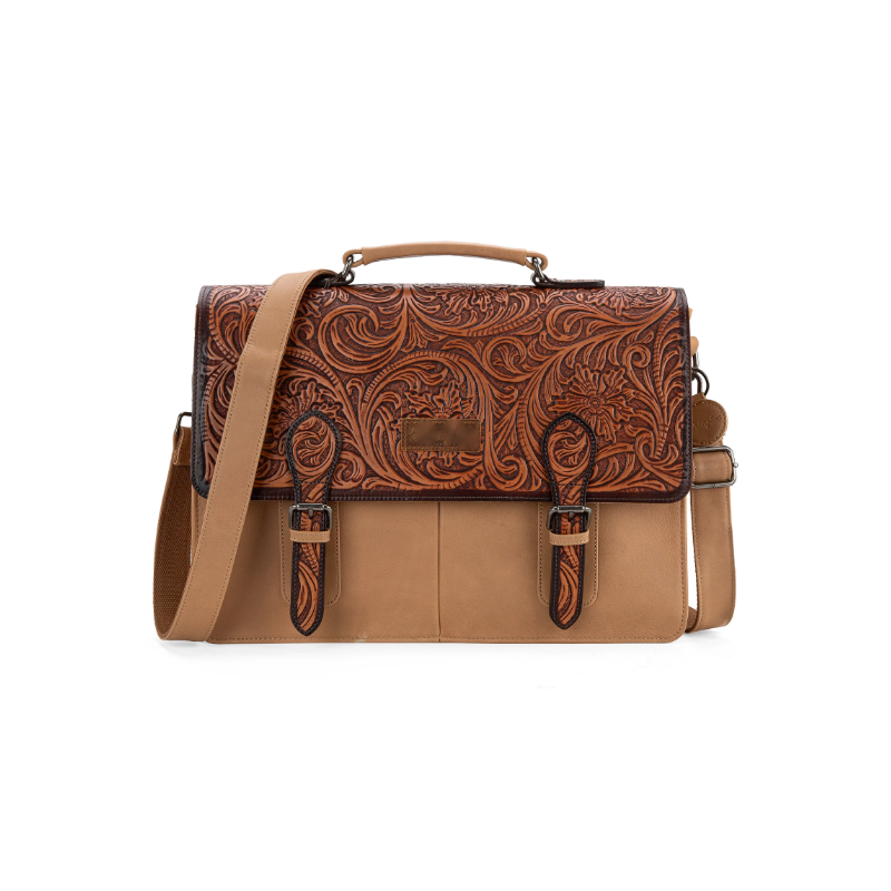 Leather Western Vintage  Fern Tooled Briefcase - Fall Tan