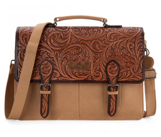 Leather Western Vintage  Fern Tooled Briefcase - Fall Tan