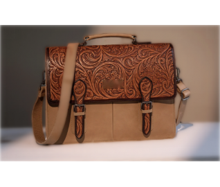 Leather Western Vintage  Fern Tooled Briefcase - Fall Tan